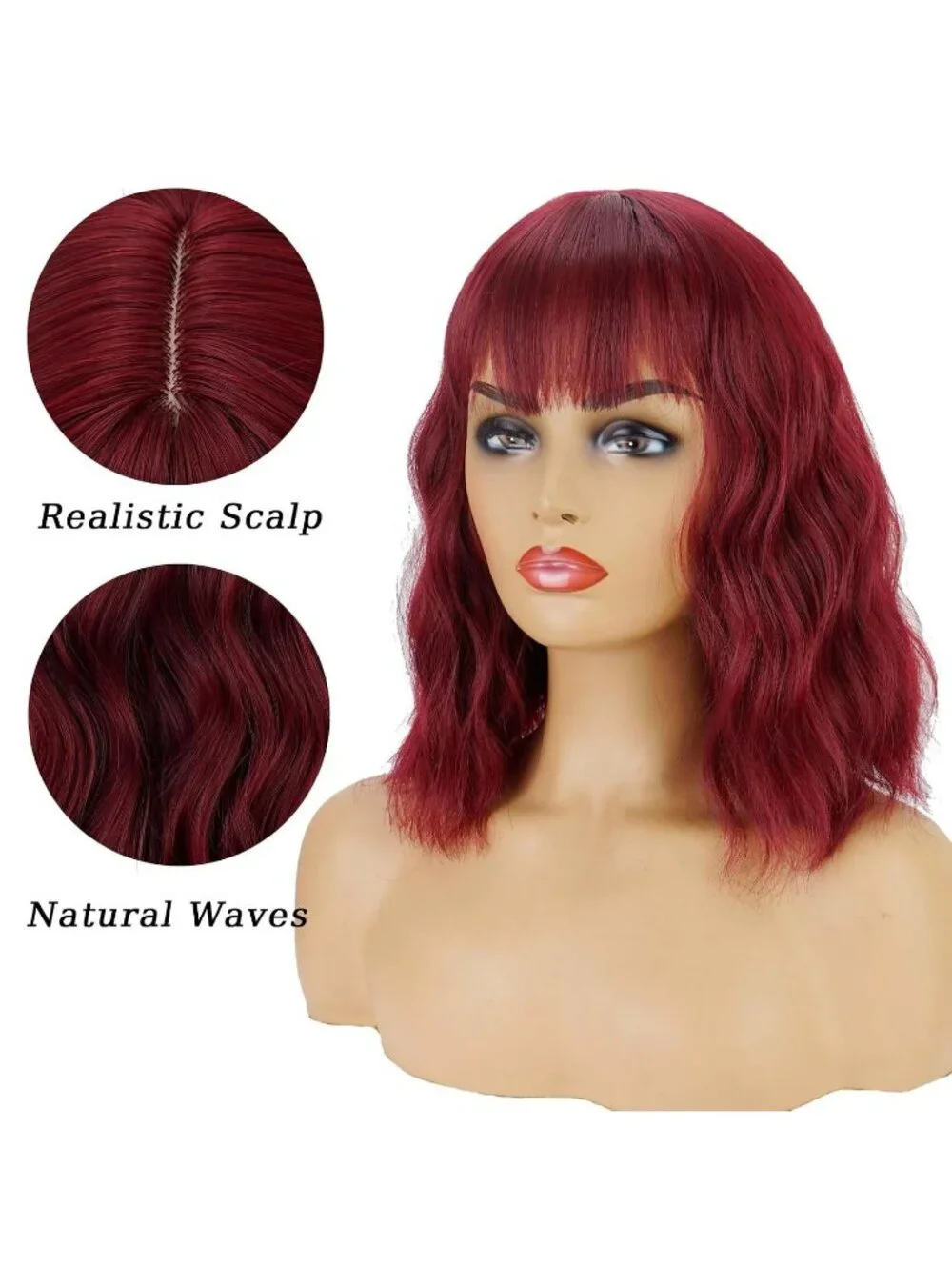 Women's Wine Red 14 Inch Heat Resistant Short Bangs Bob Modern Wavy Wigs